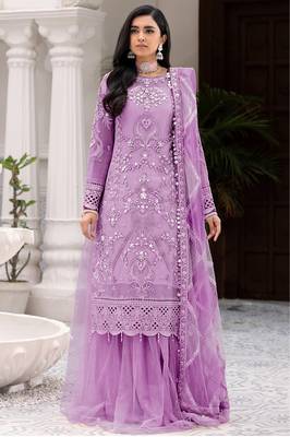 Lavender Embroidered Net Fabric Dress Material 1