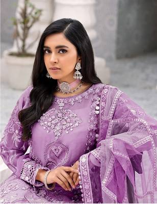 Lavender Embroidered Net Fabric Dress Material 2
