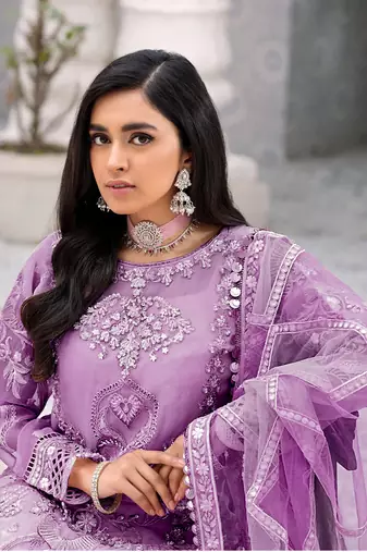 Lavender Embroidered Net Fabric Dress Material