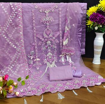 Lavender Embroidered Net Fabric Dress Material 3