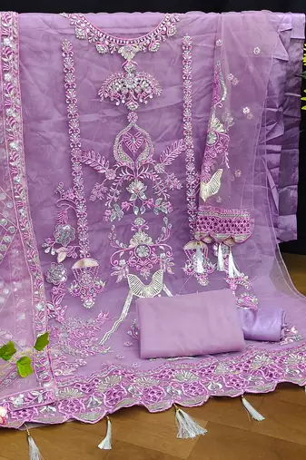 Lavender Embroidered Net Fabric Dress Material