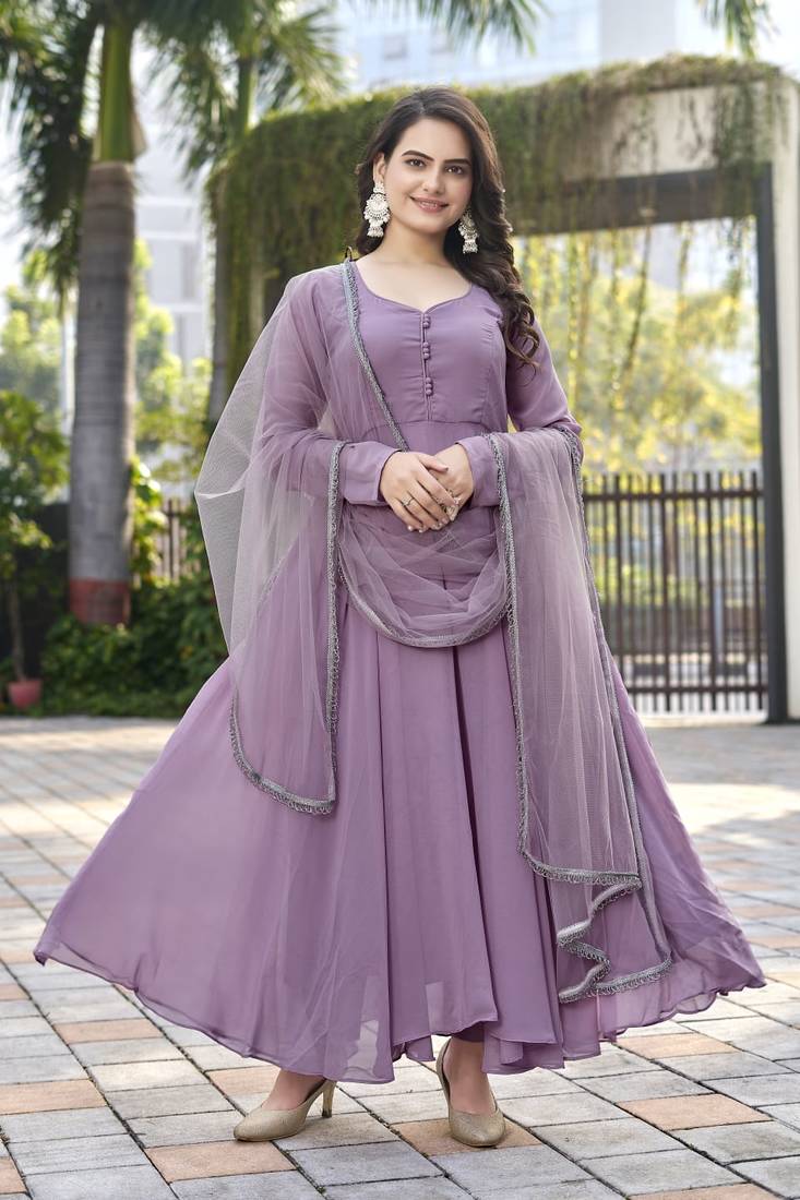 Foux Georgette And Thread With Sequence & 4-Side Lace Broder With Stretchable Elastic Pent Type Anarkali Gown
