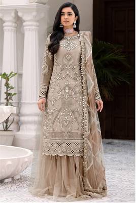 Grey Embroidered Net Fabric Dress Material 1