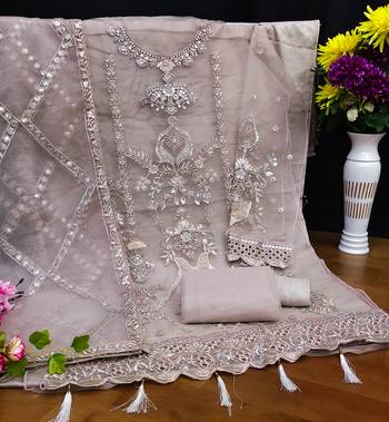 Grey Embroidered Net Fabric Dress Material 3
