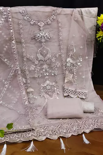 Grey Embroidered Net Fabric Dress Material