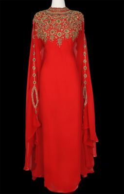 Grand Bridal Red Moroccan Kaftan Gown with Heavy Gold Zari Work & Hijab | Event Dress 1