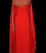 Grand Bridal Red Moroccan Kaftan Gown with Heavy Gold Zari Work & Hijab | Event Dress