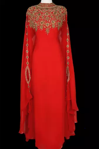 Grand Bridal Red Moroccan Kaftan Gown with Heavy Gold Zari Work & Hijab | Event Dress