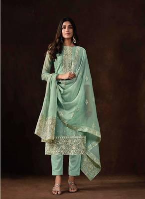 Turquoise Embroidered Organza Straight Suit Free size full stitched Up To 42" Size 1