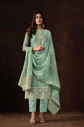 Turquoise Embroidered Organza  Straight Suit Free size full stitched Up To 42" Size