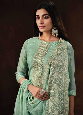 Turquoise Embroidered Organza Straight Suit Free size full stitched Up To 42" Size 2