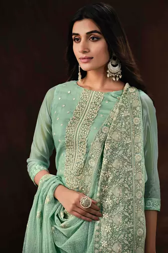 Turquoise Embroidered Organza Straight Suit Free size full stitched Up To 42" Size