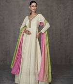 White Embroidered Georgette Stitched Gown Suit Free size full stitched Up To 42" Size