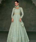Light Blue Embroidered Georgette Stitched Gown Suit Up To 42" Size