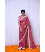 Rose cotton gauze designer saree with hand embroidered blouse