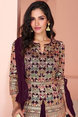 Wine Georgette Multicolor Embroidered Palazzo Suit, size up to 42 3