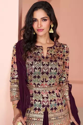 Wine Georgette Multicolor Embroidered Palazzo Suit, size up to 42
