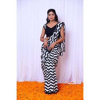 Black and white printed saree with hand embroidered blouse 1