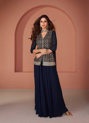 Blue Embroidered Georgette Stitched Palazzo Suit Free size full stitched Up To 42" Size 1