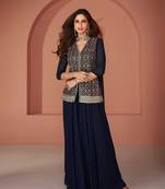Blue Embroidered Georgette Stitched Palazzo Suit Free size full stitched Up To 42" Size