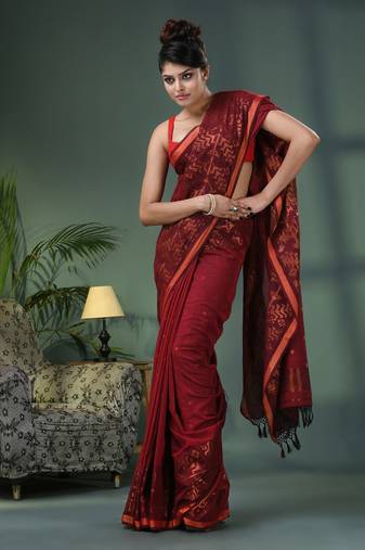 Maroon cotton jacquard border handloom saree