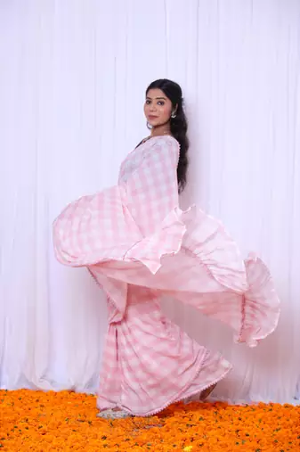 Pink checks mul cotton saree with denim blouse