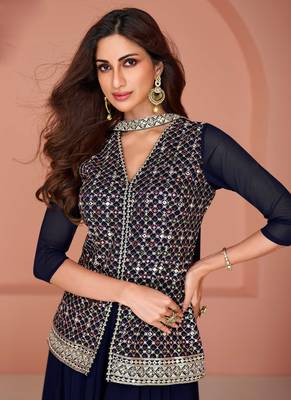 Blue Embroidered Georgette Stitched Palazzo Suit Free size full stitched Up To 42" Size 2
