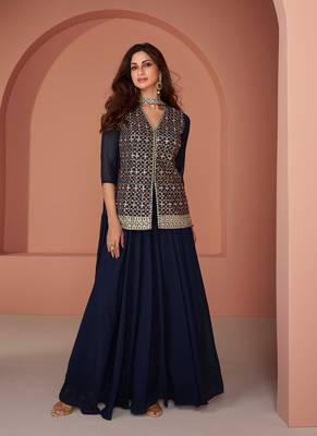 Blue Embroidered Georgette Stitched Palazzo Suit Free size full stitched Up To 42" Size 3