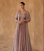 Mauve Embroidered Chinnon Free Size Stitched Lahenga Suit(Size Upto 42) Free size full stitched Up To 42" Size