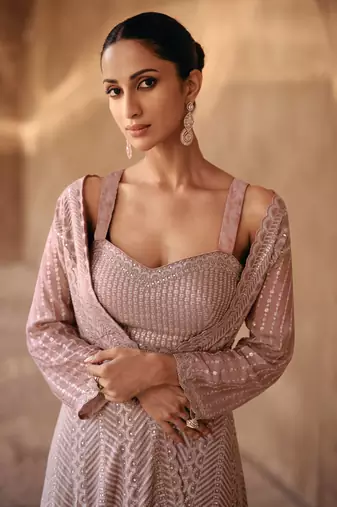 Mauve Embroidered Chinnon Free Size Stitched Lahenga Suit(Size Upto 42) Free size full stitched Up To 42" Size