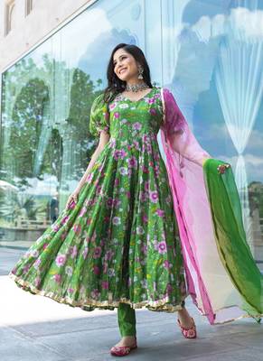 Green Digital Printed Art Silk Stitched Anarkali Suit. (Size Upto 42) Free size full stitched Up To 42" Size 1