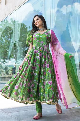 Green Digital Printed Art Silk Stitched Anarkali Suit. (Size Upto 42)  Free size full stitched Up To 42" Size