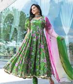Green Digital Printed Art Silk Stitched Anarkali Suit. (Size Upto 42) Free size full stitched Up To 42" Size