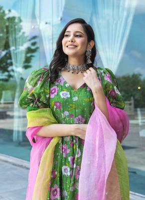 Green Digital Printed Art Silk Stitched Anarkali Suit. (Size Upto 42) Free size full stitched Up To 42" Size 2