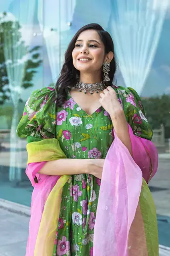 Green Digital Printed Art Silk Stitched Anarkali Suit. (Size Upto 42) Free size full stitched Up To 42" Size