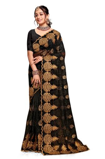 Black resham zari embroidery work net saree