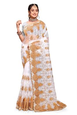White resham zari embroidery work net saree 1