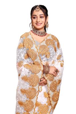 White resham zari embroidery work net saree 2