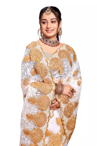 White resham zari embroidery work net saree
