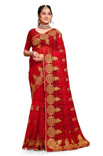 Red resham zari embroidery work net saree