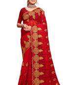 Red resham zari embroidery work net saree
