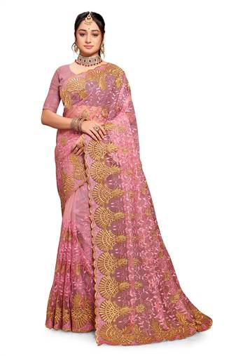 Dusty pink resham zari embroidery work net saree