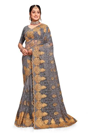Grey resham zari embroidery work net saree