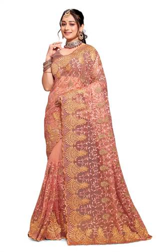 Dusty peach resham zari embroidery work net saree