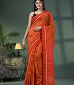 Orange cotton blend jacquard work handloom saree