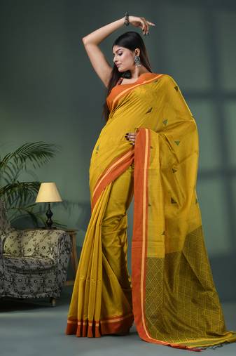 Yellow cotton blend jacquard work handloom saree