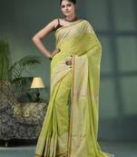 Pear green cotton jacquard border handloom saree