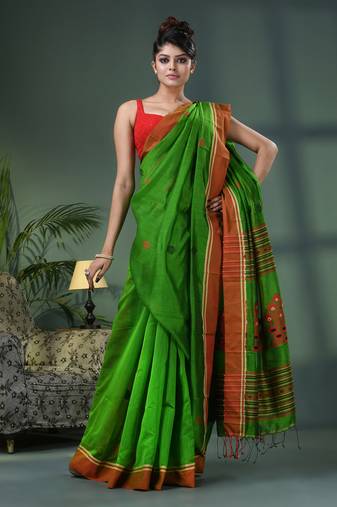 Green cotton blend jacquard work handloom saree