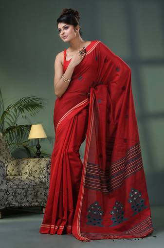 Red cotton blend jacquard work handloom saree