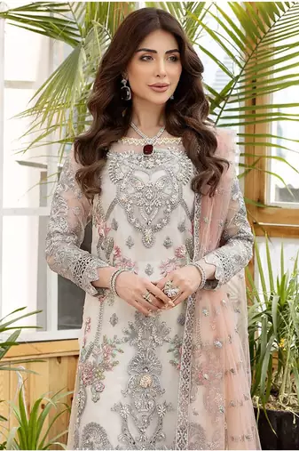 Cream White Net Embroidered Salwar Kameez